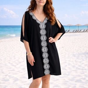Swimsuits For All Black Boho Embroidered Kaftan Cover Up 22/24 Plus size